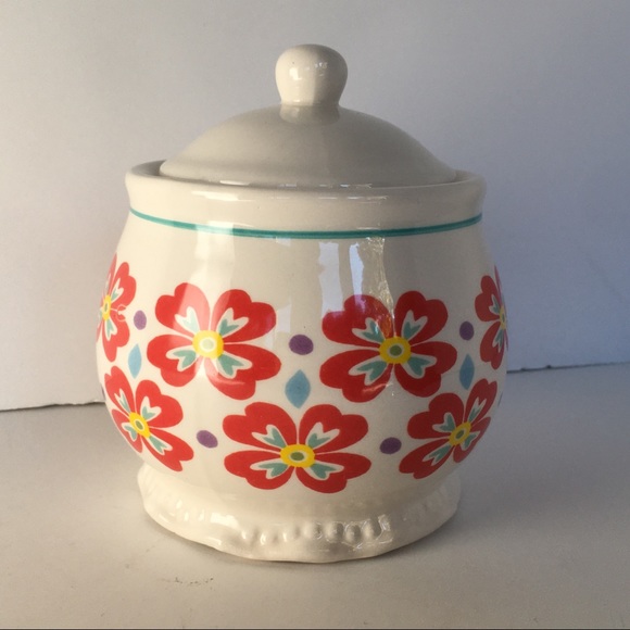 The Pioneer Woman Other - Pioneer Woman Sugar Bowl With Lid Red Flowers Farmhouse Vintage Style Ceramic